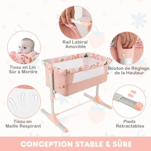 Berceau Pliable pour Bébé Cododo Portable pour Nourrisson avec 4 Hauteurs Réglables Pieds Rétractables Lit de Chevet pour Bébé Rose