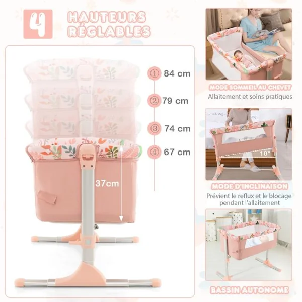 Berceau Pliable pour Bébé Cododo Portable pour Nourrisson avec 4 Hauteurs Réglables Pieds Rétractables Lit de Chevet pour Bébé Rose