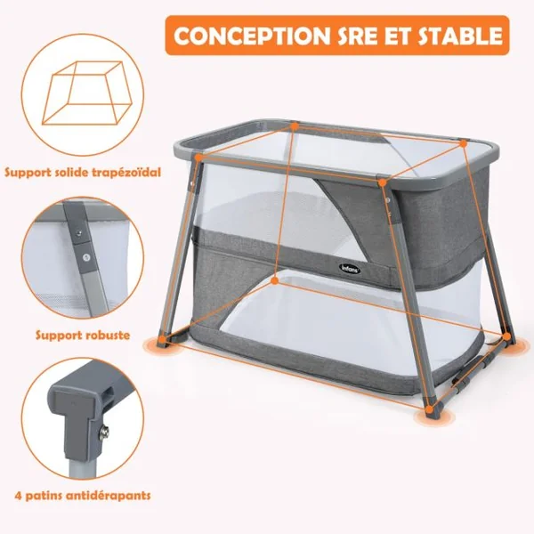 Berceau pour Bébé Pliage 3 en 1 Parc Bébé avec Matelas Fonction Balancelle Parois Latérales en Maille Filet Charge 9KG Gris