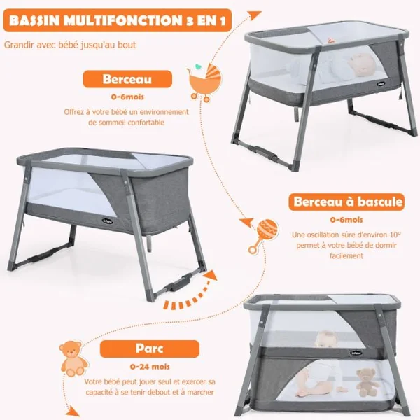 Berceau pour Bébé Pliage 3 en 1 Parc Bébé avec Matelas Fonction Balancelle Parois Latérales en Maille Filet Charge 9KG Gris
