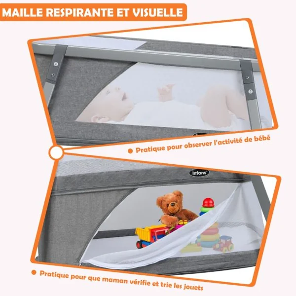 Berceau pour Bébé Pliage 3 en 1 Parc Bébé avec Matelas Fonction Balancelle Parois Latérales en Maille Filet Charge 9KG Gris