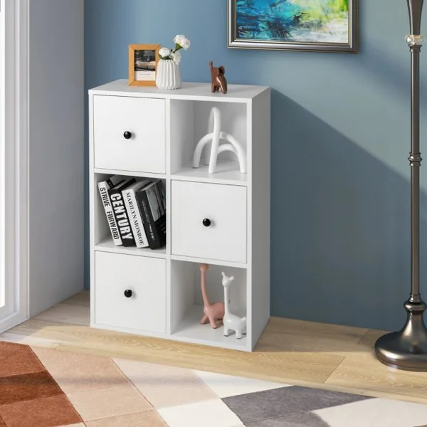 Bibliotheque 3 Niveaux avec 3 Compartiments 3 Tiroirs Meuble de Rangement en Bois Anti-renversement 60 x 30 x 89 cm Marron Rustique