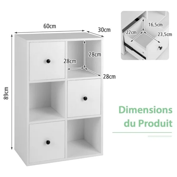Bibliotheque 3 Niveaux avec 3 Compartiments 3 Tiroirs Meuble de Rangement en Bois Anti-renversement 60 x 30 x 89 cm Marron Rustique