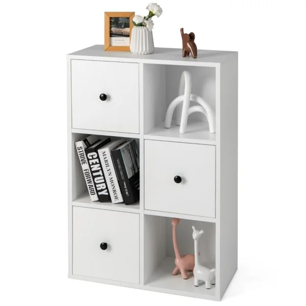 Bibliotheque 3 Niveaux avec 3 Compartiments 3 Tiroirs Meuble de Rangement en Bois Anti-renversement 60 x 30 x 89 cm Marron Rustique
