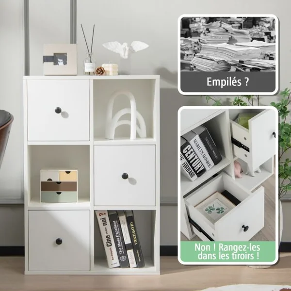 Bibliotheque 3 Niveaux avec 3 Compartiments 3 Tiroirs Meuble de Rangement en Bois Anti-renversement 60 x 30 x 89 cm Marron Rustique