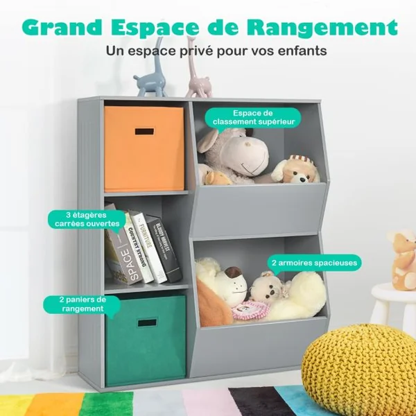 Bibliotheque Enfant 2 Paniers de Rangement Meuble de Rangement pour Enfant 3 Cubes 2 Grandes Boîtes Rangement Ouvertes Blanc