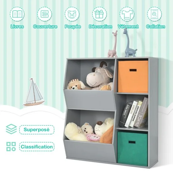 Bibliotheque Enfant 2 Paniers de Rangement Meuble de Rangement pour Enfant 3 Cubes 2 Grandes Boîtes Rangement Ouvertes Blanc