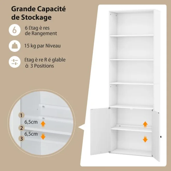Bibliothèque 5 Niveaux Patins Antidérapants Dispositif Anti-basculement Étagère de Rangement pour Salon Bureau Blanc