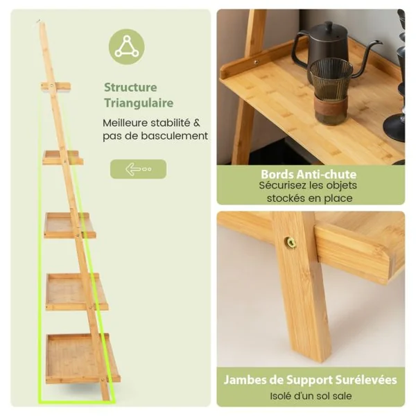 Bibliothèque 5 Niveaux Étagère Murale en Bambou 183 cm Rebords Antichute Kits Anti-basculement pour Salon Salle de Bain Bureau Naturel