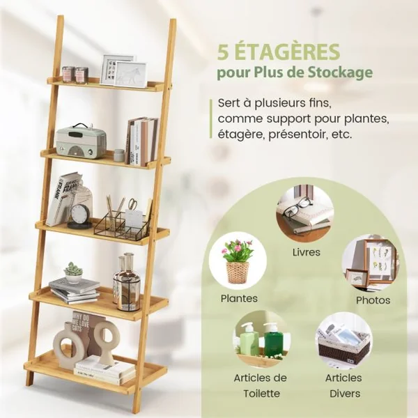 Bibliothèque 5 Niveaux Étagère Murale en Bambou 183 cm Rebords Antichute Kits Anti-basculement pour Salon Salle de Bain Bureau Naturel