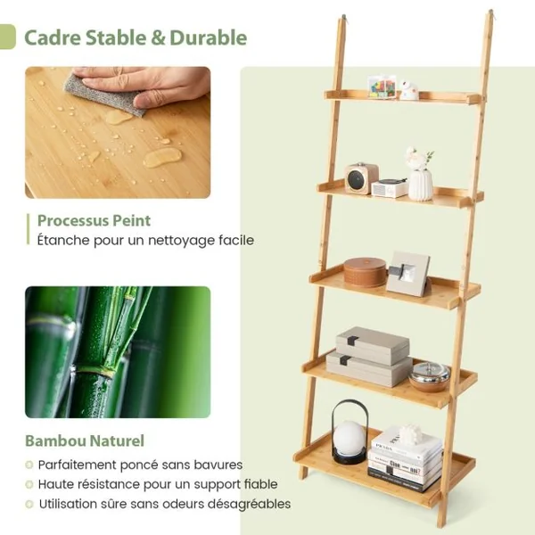 Bibliothèque 5 Niveaux Étagère Murale en Bambou 183 cm Rebords Antichute Kits Anti-basculement pour Salon Salle de Bain Bureau Naturel