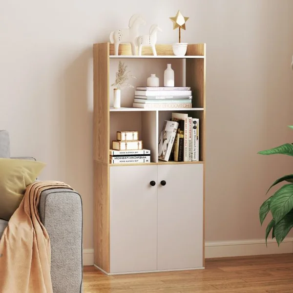 Bibliothèque avec Armoire à Double Porte Etagère Haute à 3 Niveaux Cubes Ouverts Vitrine Moderne Organisateur de Rangement 60x30x133cm