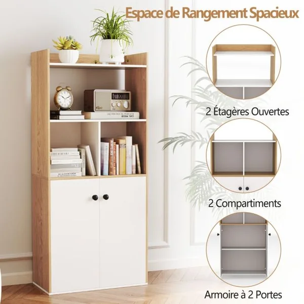 Bibliothèque avec Armoire à Double Porte Etagère Haute à 3 Niveaux Cubes Ouverts Vitrine Moderne Organisateur de Rangement 60x30x133cm
