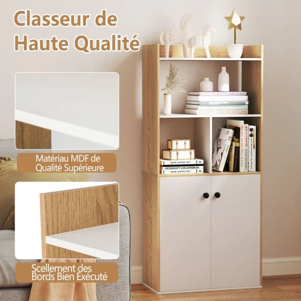 Bibliothèque avec Armoire à Double Porte Etagère Haute à 3 Niveaux Cubes Ouverts Vitrine Moderne Organisateur de Rangement 60x30x133cm