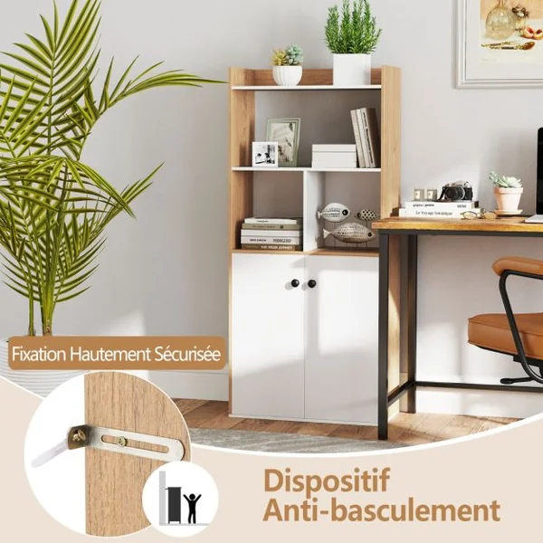 Bibliothèque avec Armoire à Double Porte Etagère Haute à 3 Niveaux Cubes Ouverts Vitrine Moderne Organisateur de Rangement 60x30x133cm