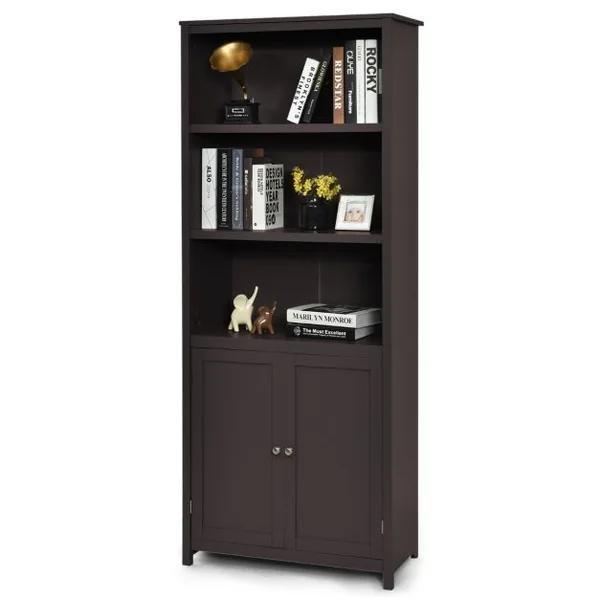 Bibliothèque avec Étagères Réglables de Rangement et Placard 2 Portes à 2 Niveaux pour Salon/Bureau 74,5 x 35,5 x 181,5cm Café