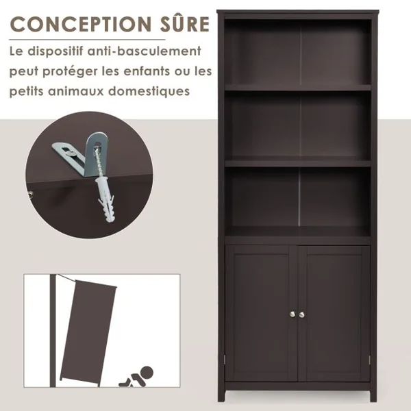 Bibliothèque avec Étagères Réglables de Rangement et Placard 2 Portes à 2 Niveaux pour Salon/Bureau 74,5 x 35,5 x 181,5cm Café