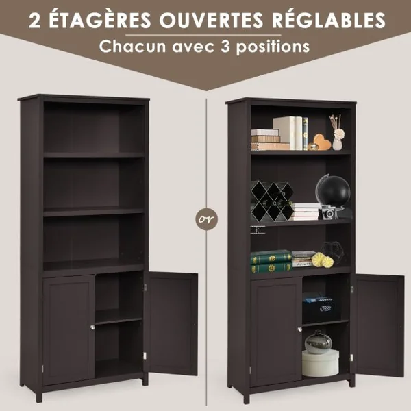 Bibliothèque avec Étagères Réglables de Rangement et Placard 2 Portes à 2 Niveaux pour Salon/Bureau 74,5 x 35,5 x 181,5cm Café