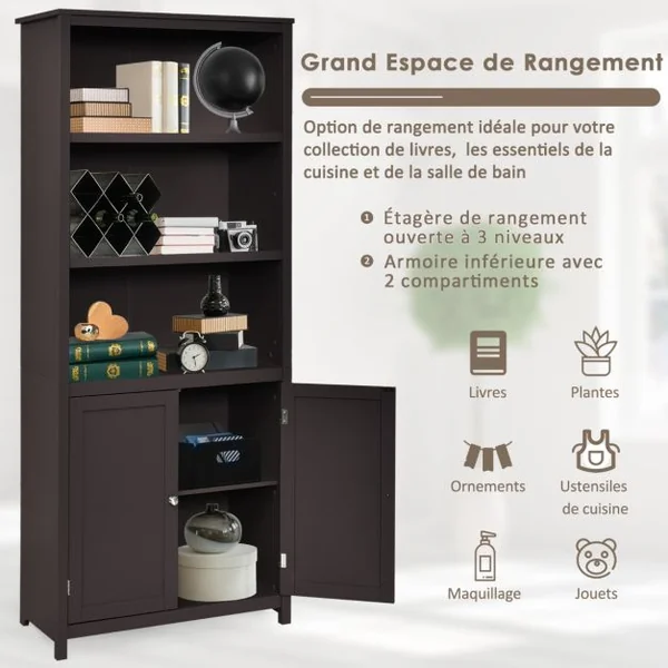 Bibliothèque avec Étagères Réglables de Rangement et Placard 2 Portes à 2 Niveaux pour Salon/Bureau 74,5 x 35,5 x 181,5cm Café