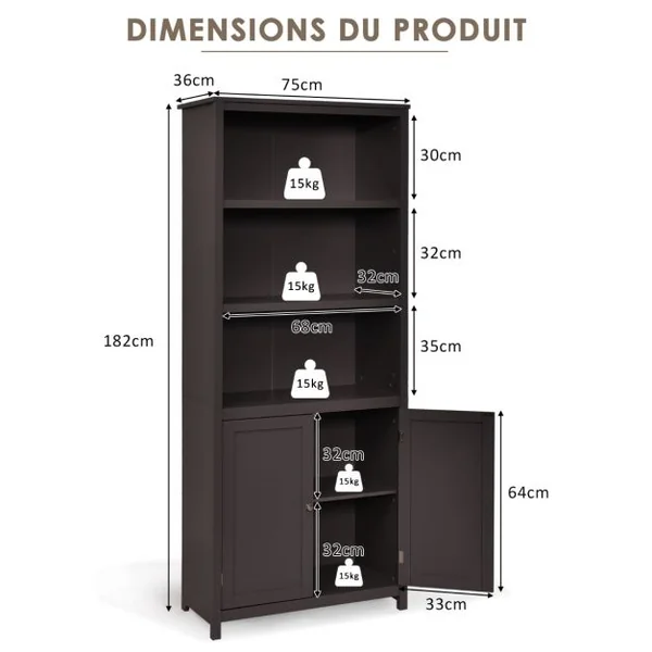 Bibliothèque avec Étagères Réglables de Rangement et Placard 2 Portes à 2 Niveaux pour Salon/Bureau 74,5 x 35,5 x 181,5cm Café