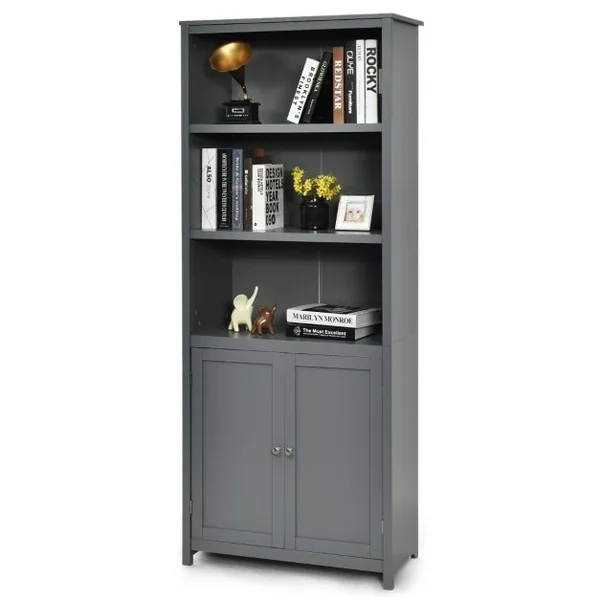 Bibliothèque avec Étagères Réglables de Rangement et Placard 2 Portes à 2 Niveaux pour Salon/Bureau 74,5 x 35,5 x 181,5cm Gris