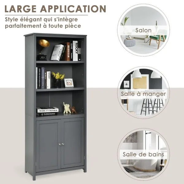 Bibliothèque avec Étagères Réglables de Rangement et Placard 2 Portes à 2 Niveaux pour Salon/Bureau 74,5 x 35,5 x 181,5cm Gris