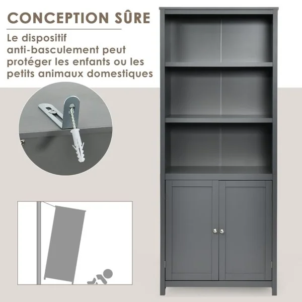 Bibliothèque avec Étagères Réglables de Rangement et Placard 2 Portes à 2 Niveaux pour Salon/Bureau 74,5 x 35,5 x 181,5cm Gris