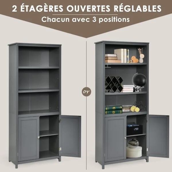 Bibliothèque avec Étagères Réglables de Rangement et Placard 2 Portes à 2 Niveaux pour Salon/Bureau 74,5 x 35,5 x 181,5cm Gris