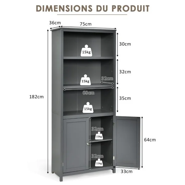 Bibliothèque avec Étagères Réglables de Rangement et Placard 2 Portes à 2 Niveaux pour Salon/Bureau 74,5 x 35,5 x 181,5cm Gris