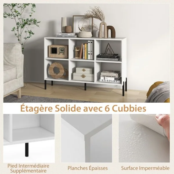 Bibliothèque Cube Meuble de Rangement à 6 Casiers 5 Pieds en métal Étagères Réglables Patins Antidérapants Naturel/Blanc/Noir
