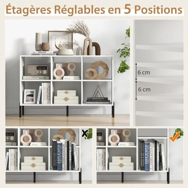 Bibliothèque Cube Meuble de Rangement à 6 Casiers 5 Pieds en métal Étagères Réglables Patins Antidérapants Naturel/Blanc/Noir