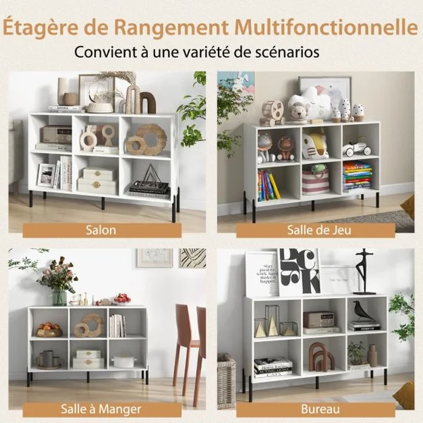 Bibliothèque Cube Meuble de Rangement à 6 Casiers 5 Pieds en métal Étagères Réglables Patins Antidérapants Naturel/Blanc/Noir
