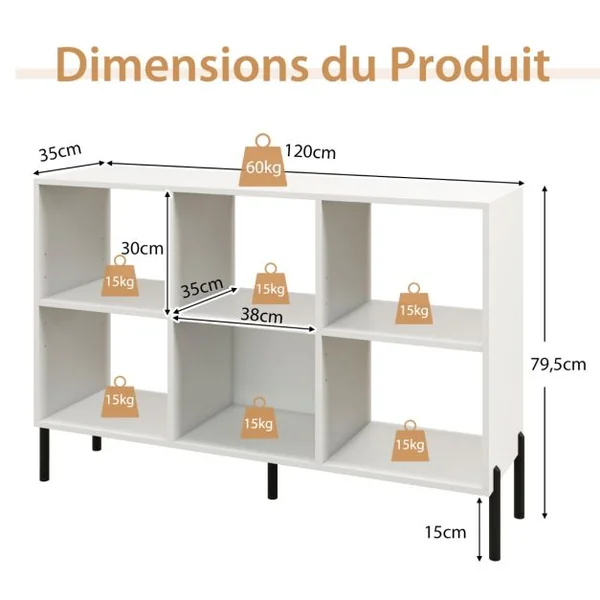 Bibliothèque Cube Meuble de Rangement à 6 Casiers 5 Pieds en métal Étagères Réglables Patins Antidérapants Naturel/Blanc/Noir