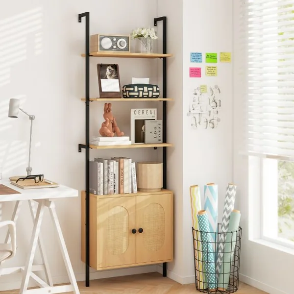 Bibliothèque Echelle avec Armoire en Rotin Bibliothèque Murale de 180 cm Cadre en Métal Stable Présentoir Ouvert à 6 Niveaux Naturel