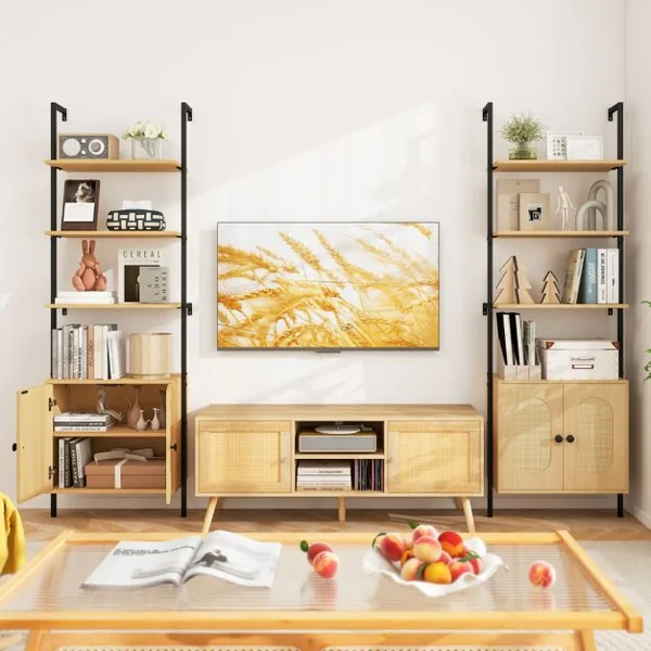 Bibliothèque Echelle avec Armoire en Rotin Bibliothèque Murale de 180 cm Cadre en Métal Stable Présentoir Ouvert à 6 Niveaux Naturel
