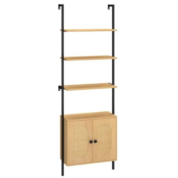 Bibliothèque Echelle avec Armoire en Rotin Bibliothèque Murale de 180 cm Cadre en Métal Stable Présentoir Ouvert à 6 Niveaux Naturel