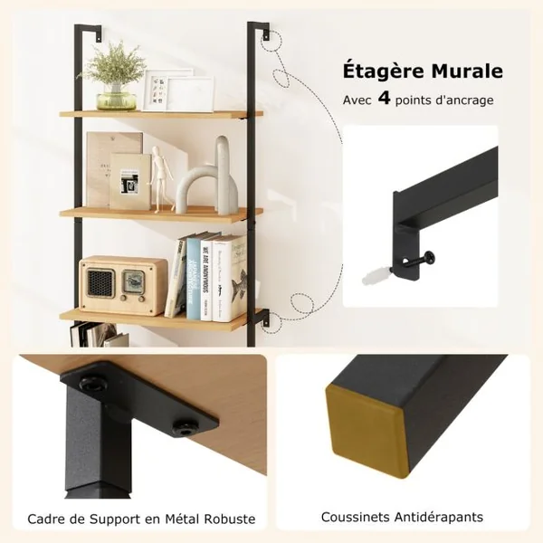 Bibliothèque Echelle avec Armoire en Rotin Bibliothèque Murale de 180 cm Cadre en Métal Stable Présentoir Ouvert à 6 Niveaux Naturel