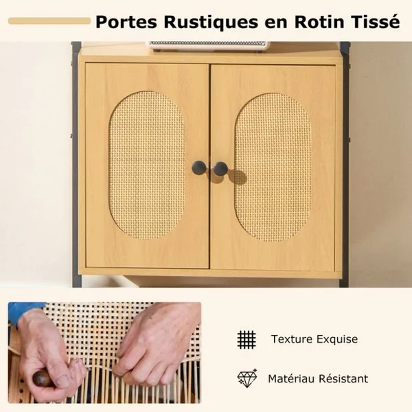 Bibliothèque Echelle avec Armoire en Rotin Bibliothèque Murale de 180 cm Cadre en Métal Stable Présentoir Ouvert à 6 Niveaux Naturel