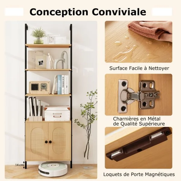 Bibliothèque Echelle avec Armoire en Rotin Bibliothèque Murale de 180 cm Cadre en Métal Stable Présentoir Ouvert à 6 Niveaux Naturel