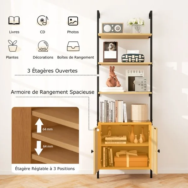 Bibliothèque Echelle avec Armoire en Rotin Bibliothèque Murale de 180 cm Cadre en Métal Stable Présentoir Ouvert à 6 Niveaux Naturel