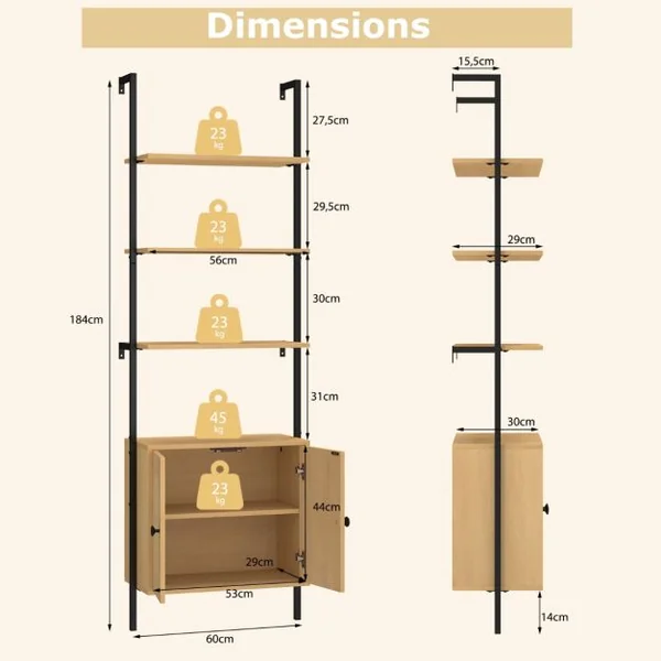 Bibliothèque Echelle avec Armoire en Rotin Bibliothèque Murale de 180 cm Cadre en Métal Stable Présentoir Ouvert à 6 Niveaux Naturel
