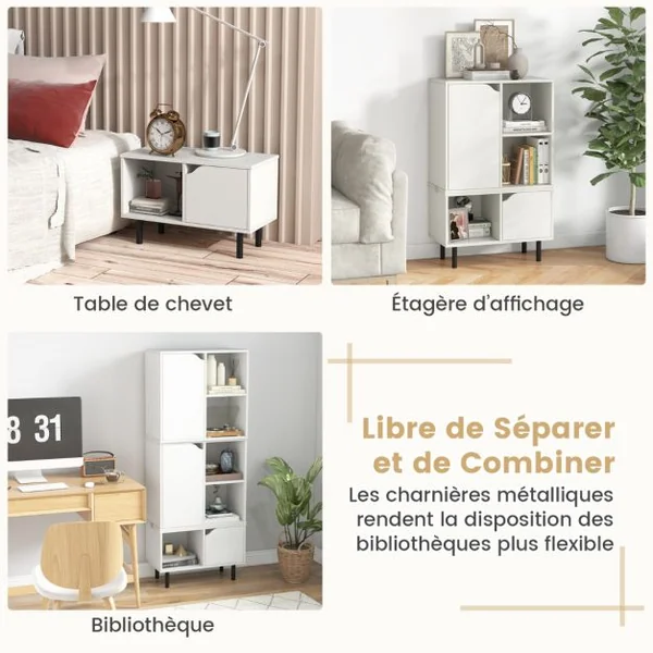 Bibliothèque Empilable Meuble de Rangement à Combinaison en Treillis avec Étagère et Cubes Ajustables 60x30x96,5cm Blanc