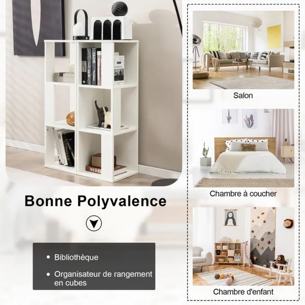 Bibliothèque en Bois avec Etagère Asymétrique et 6 Compartiments pour Salon Chambre 33 x 33 x 100,5 cm Brun Rustique/Blanc