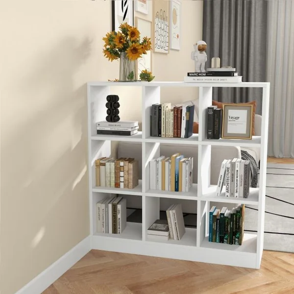 Bibliothèque en Cube avec Dispositif Anti-basculement, Étagère à Livres avec 9 Compartiments pour Salon et Bureau Blanc