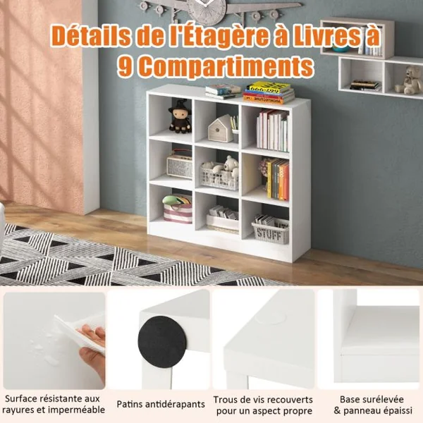 Bibliothèque en Cube avec Dispositif Anti-basculement, Étagère à Livres avec 9 Compartiments pour Salon et Bureau Blanc