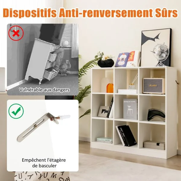 Bibliothèque en Cube avec Dispositif Anti-basculement, Étagère à Livres avec 9 Compartiments pour Salon et Bureau Blanc