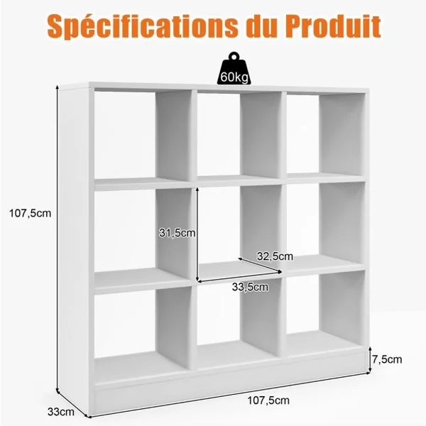 Bibliothèque en Cube avec Dispositif Anti-basculement, Étagère à Livres avec 9 Compartiments pour Salon et Bureau Blanc