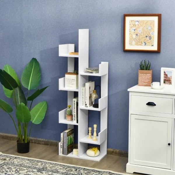 Bibliothèque en Forme d'Arbre à 8 Niveaux Étagère de Rangement Etagère à Livres avec Dispositif Anti-basculement Blanc
