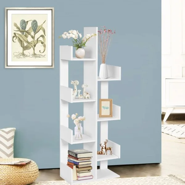 Bibliothèque en Forme d'Arbre à 8 Niveaux Étagère de Rangement Etagère à Livres avec Dispositif Anti-basculement Blanc