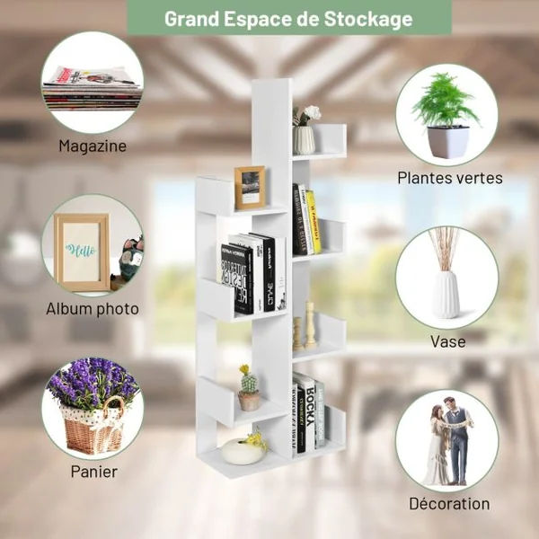 Bibliothèque en Forme d'Arbre à 8 Niveaux Étagère de Rangement Etagère à Livres avec Dispositif Anti-basculement Blanc